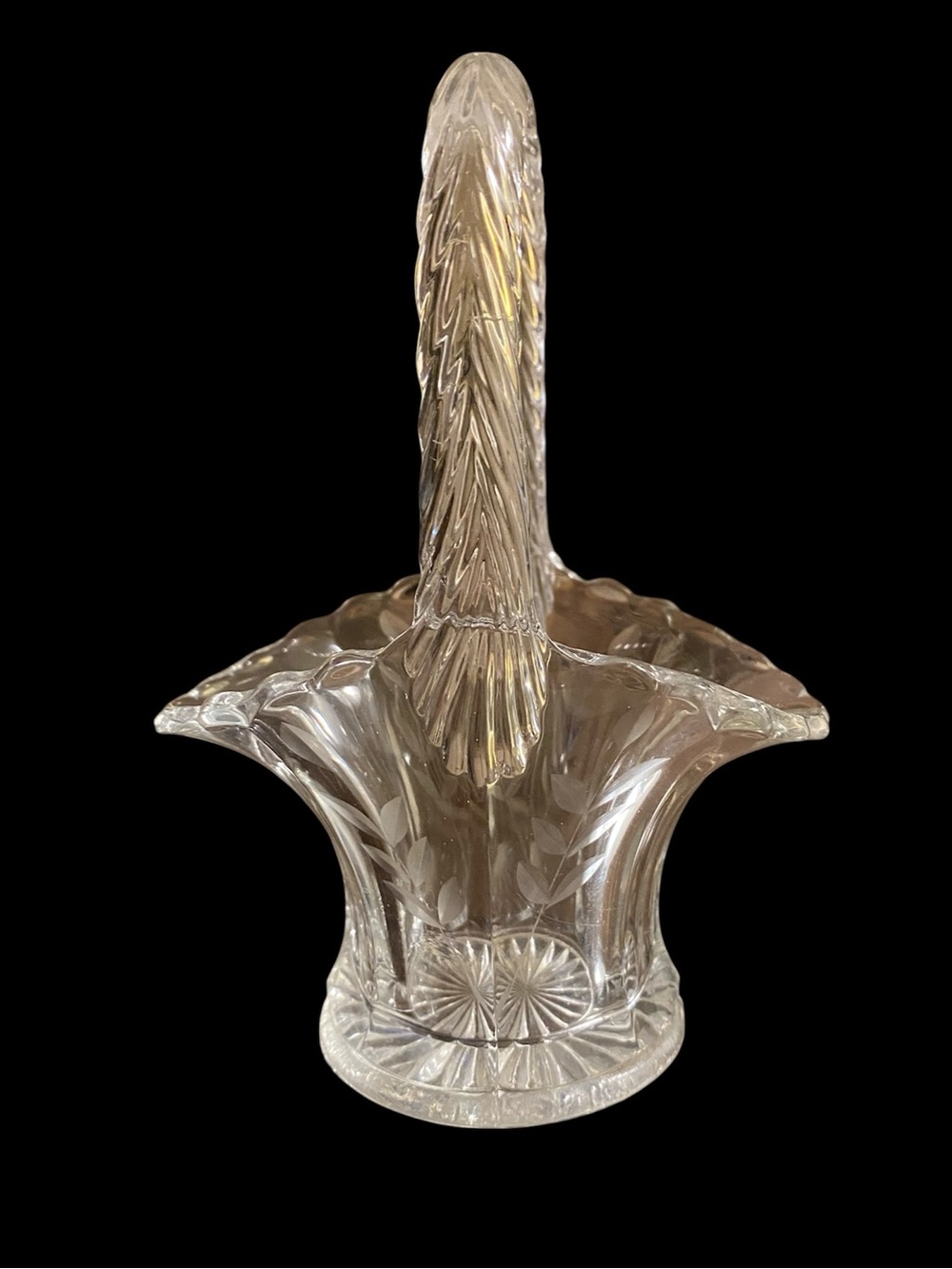 Vintage Cut Crystal Basket with Scalloped Edges • Etched Leaves • 6”